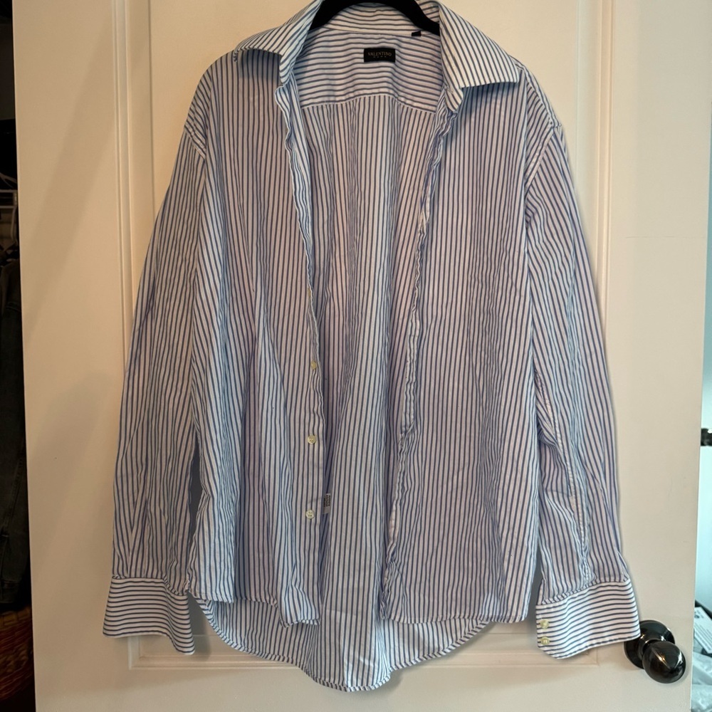 Valentino Roma Long Sleeve Pinstriped Button Down Shirt Blue White Size 41